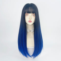 Black and blue gradient long straight hair KF828791