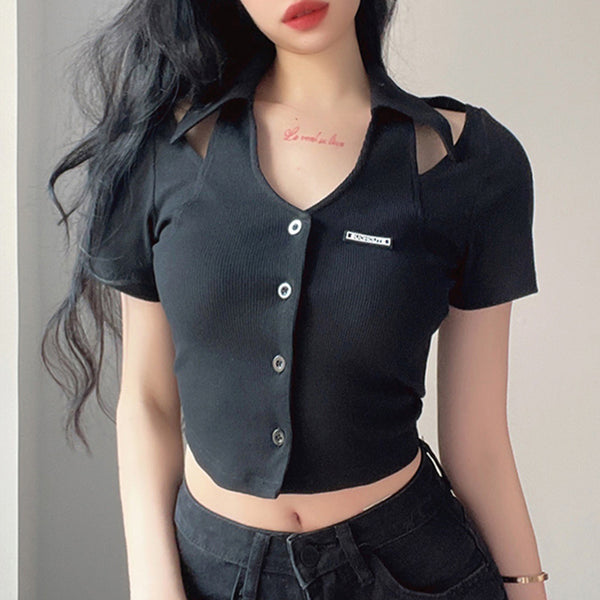 Black Hollow V-Neck Short Sleeves  KF50084