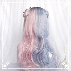 Pink blue long curly wig KF81672