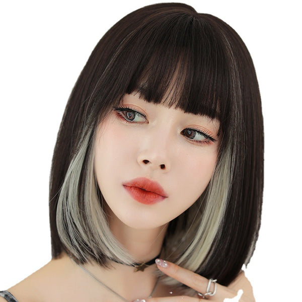 Black hanging ear beige short wig  KF82831