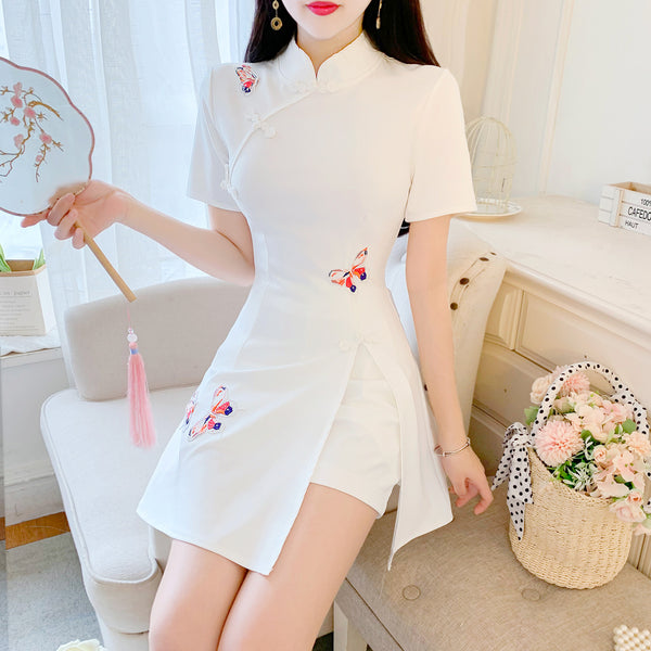 Solid color cheongsam + shorts two-piece set   KF24031