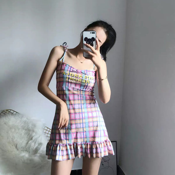 Purple Plaid dress swimsuit  KF81227