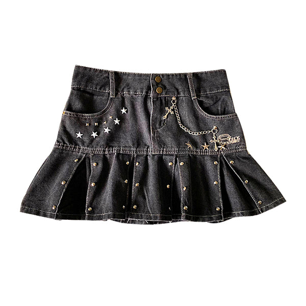 Black Denim Pleated Skirt  KF82861