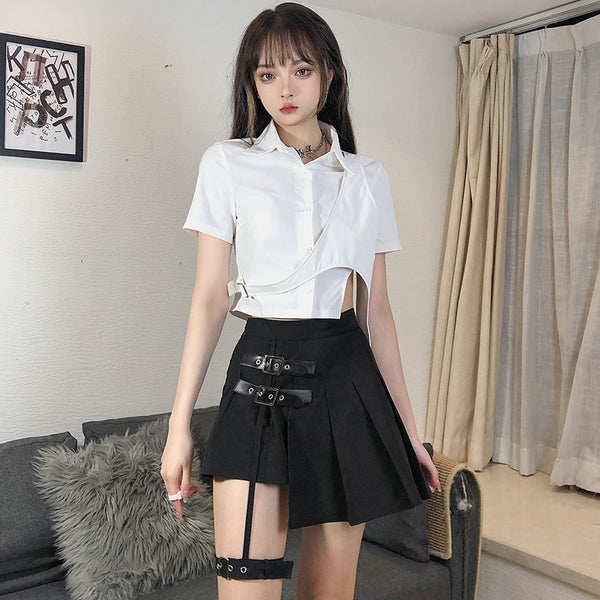 Punk asymmetric leather button pleated skirt   KF82160