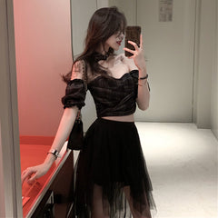 Plaid tube top + mesh skirt KF81380
