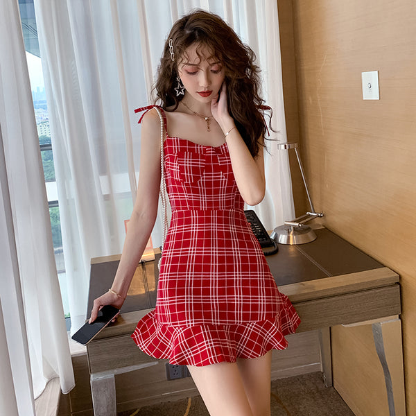 Red plaid suspender skirt  KF50004