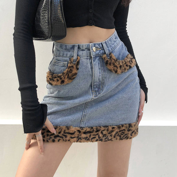 Denim leopard print velvet skirt KF81716