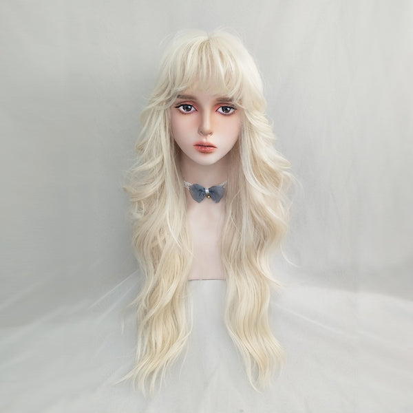 Milky white golden long curly wig KF82144