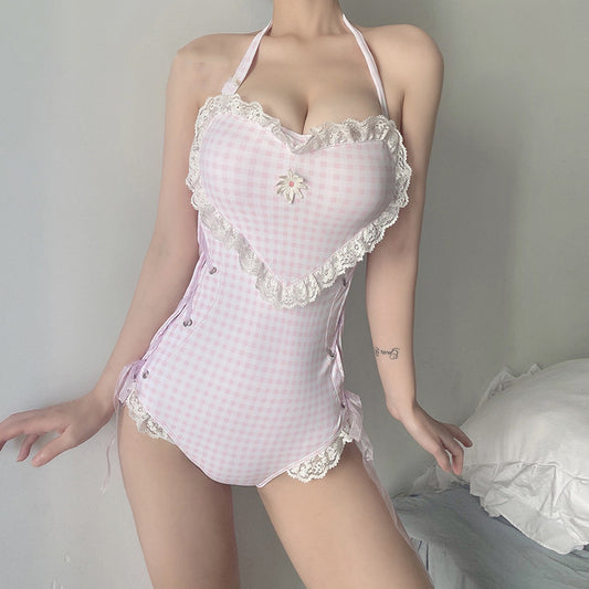 Cute Lace Check One Piece Swimsuit  KF82658
