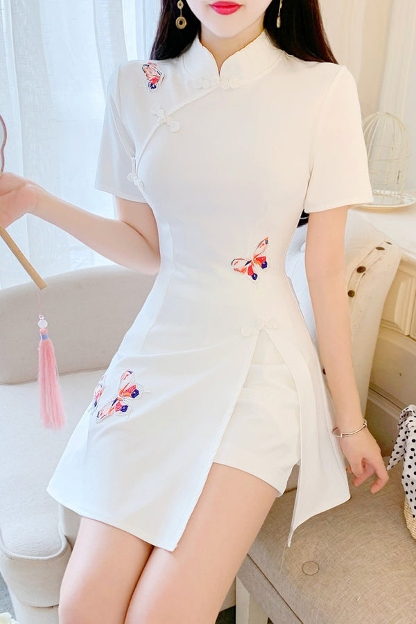 Solid color cheongsam + shorts two-piece set   KF24031