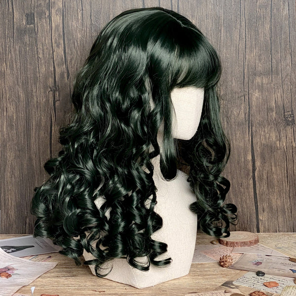 Dark green long curly wig KF81793