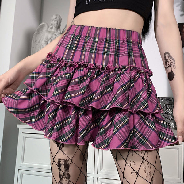 Pink Plaid Pleated Skirt KF90689