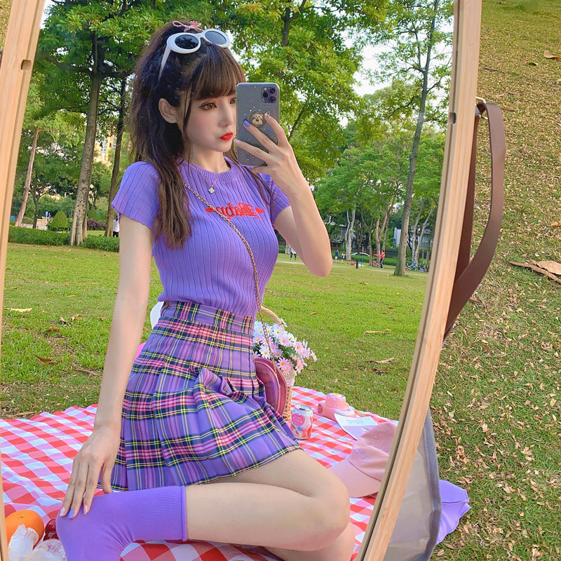 Purple pleated skirt suit KF82109