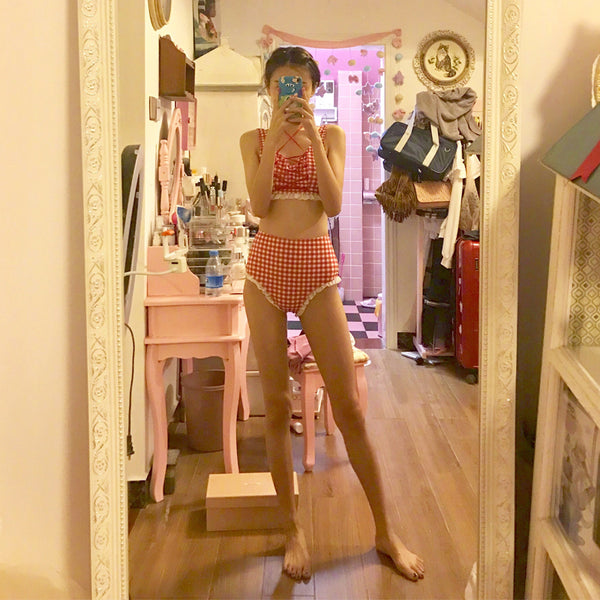 Harajuku pink plaid swimsuit KF81235