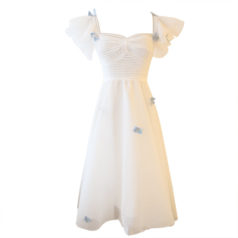 White Butterfly Print Dress   KF50089