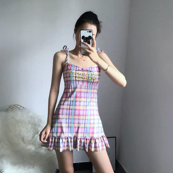 Purple Plaid dress swimsuit  KF81227