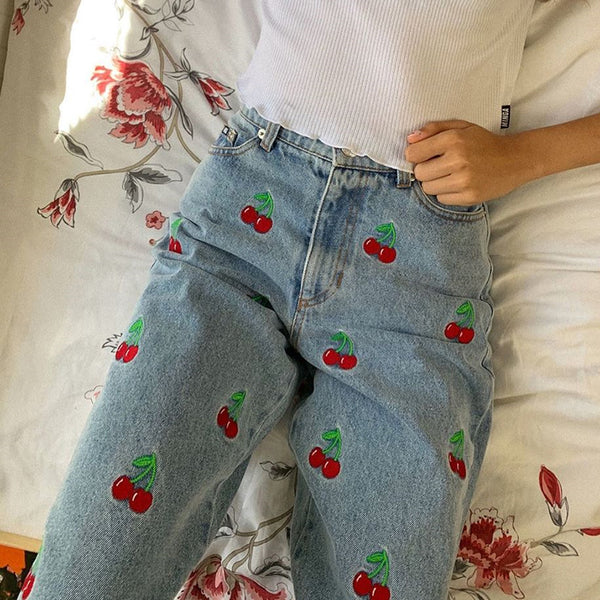 Cherry embroidered jeans KF82113