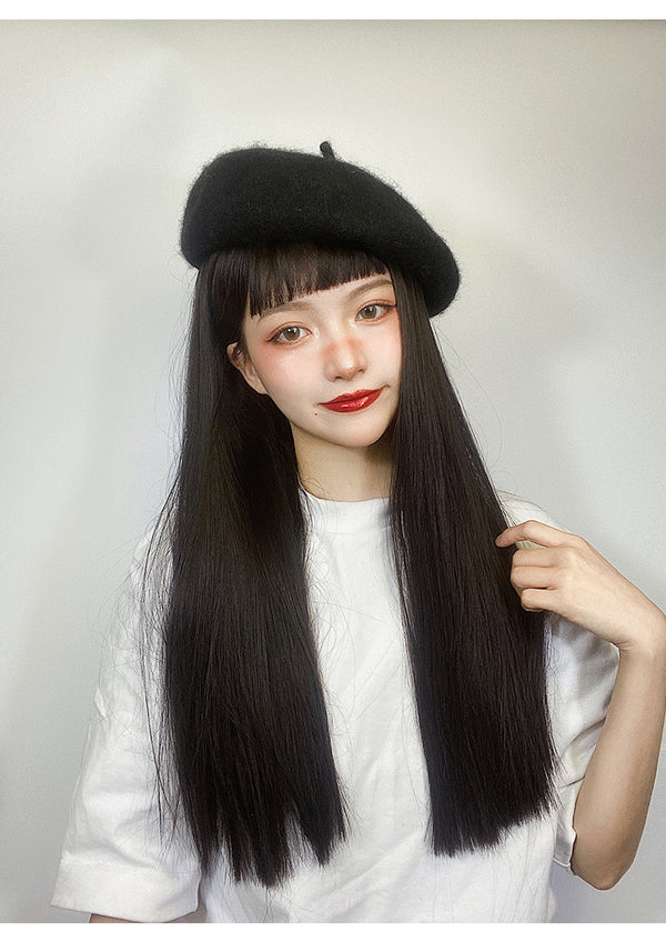 Black long straight wig KF81402