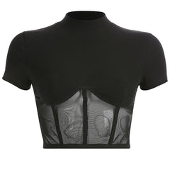 Black mesh stitching short sleeves  KF90440
