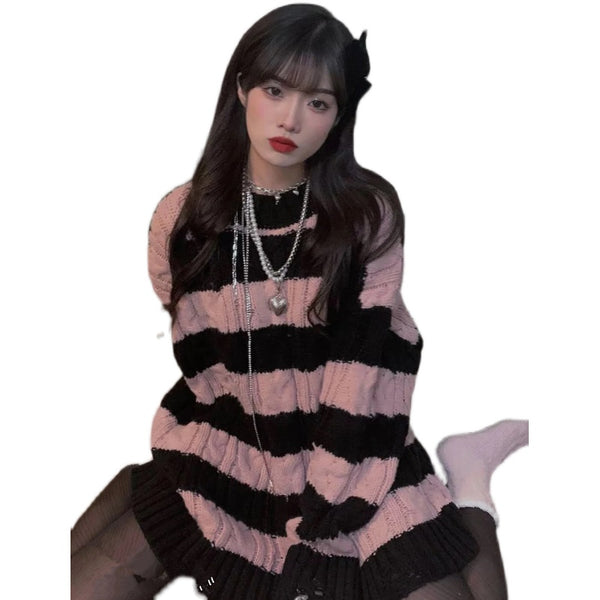 Black pink striped knitted sweater KF82608