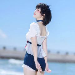 White Short Sleeve One Piece Swimsuit  KF82662