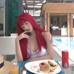 Red long straight wig KF9570