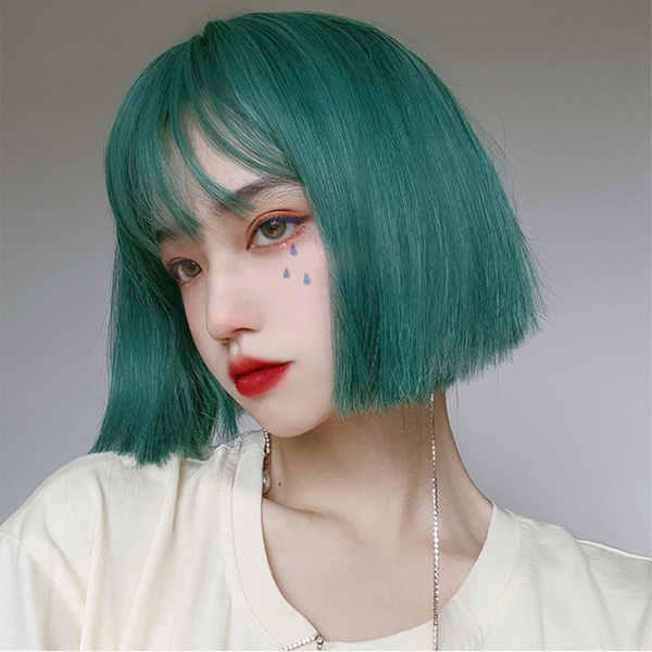 Green short straight wig KF81743