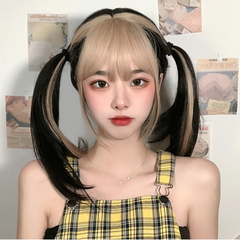 Black and yellow long straight wig KF81746