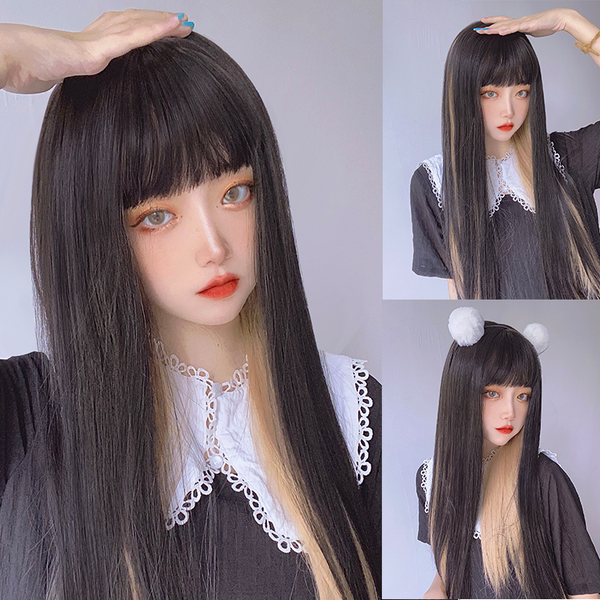 Black yellow long straight wig KF81943