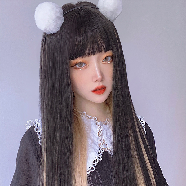 Black yellow long straight wig KF81943