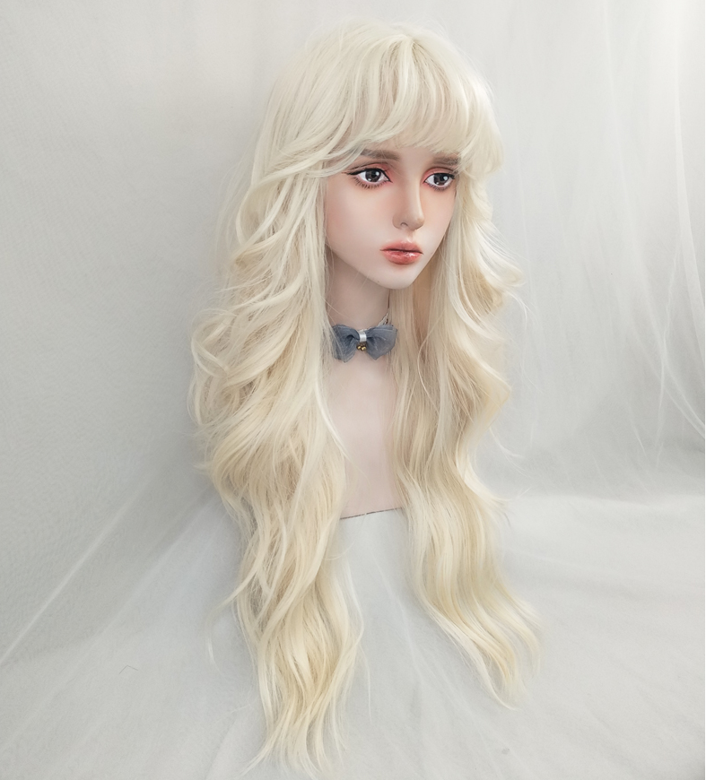 Milky white golden long curly wig KF82144