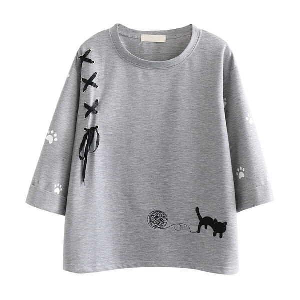 Cat Embroidery Cropped Sleeve T-shirt KF30263