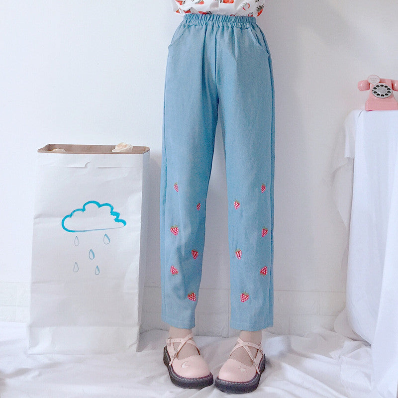 Fruit Strawberry Print Short Sleeve Top + Jeans KF30235