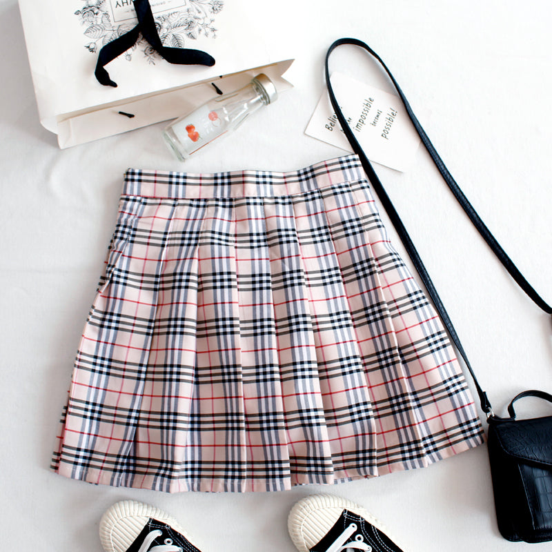 Apricot Grid Pleated Skirt KF50006
