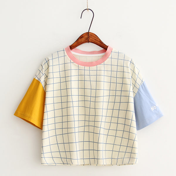 Ulzzang Lattice Short-Sleeved T-shirt KF30223