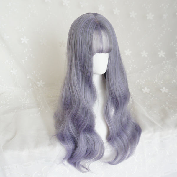 Grey and purple long curly wig KF82039