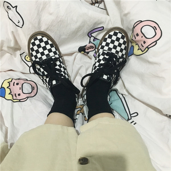 Black and white plaid canvas shoes KF90553