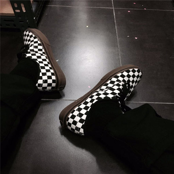 Black and white plaid canvas shoes KF90553