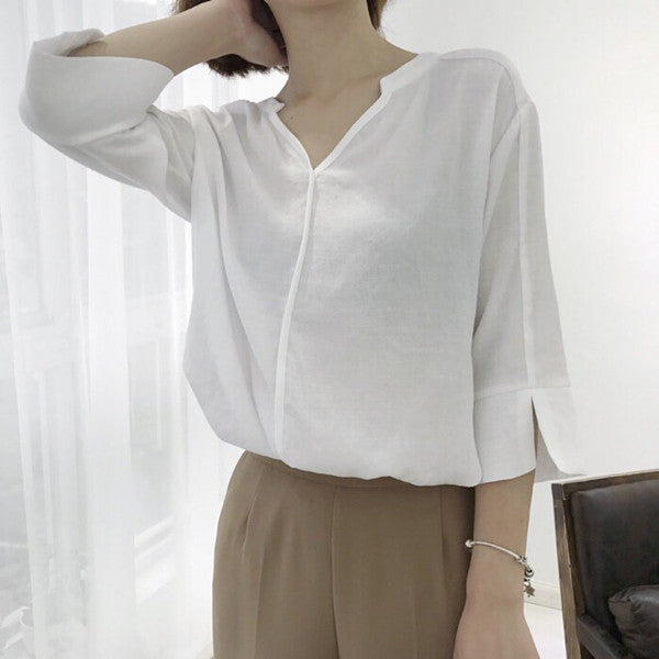 Korean cotton V-neck shirt KF50069