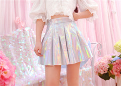 Harajuku Laser PU high waist pleated skirt KF20055