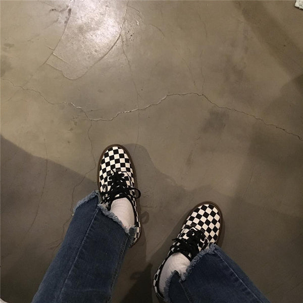 Black and white plaid canvas shoes KF90553