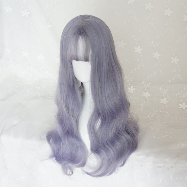Grey and purple long curly wig KF82039