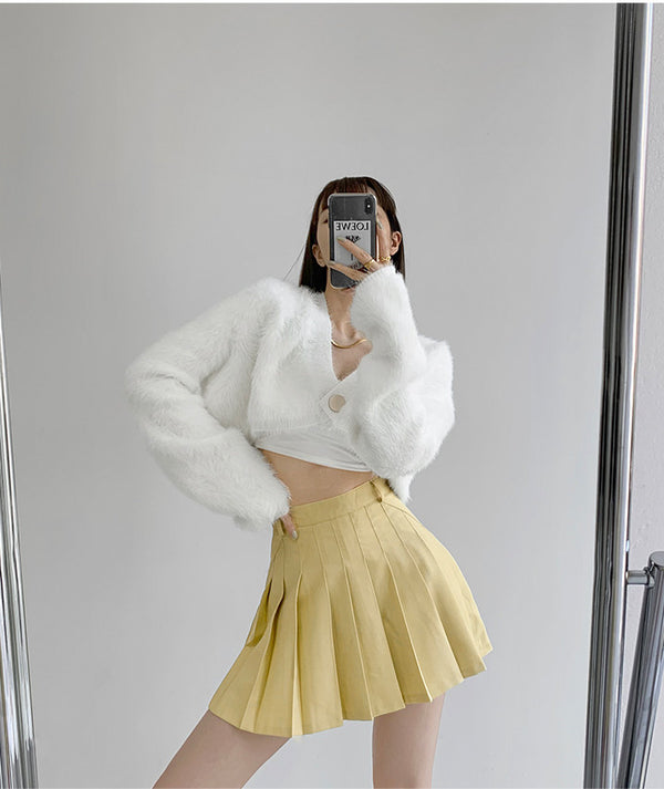 Yellow High Waist Pleated Skirt  KF81051
