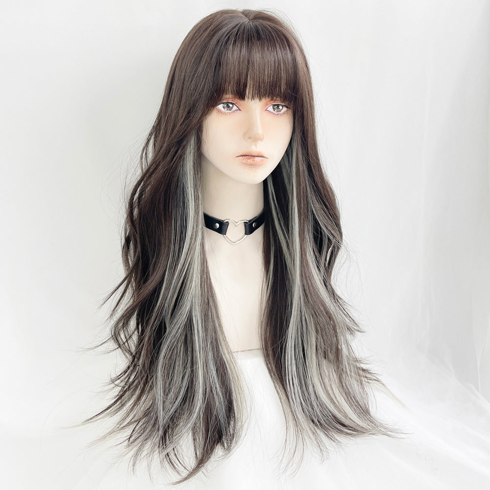 BLACK AND WHITE LONG CURLY WIG KF83508