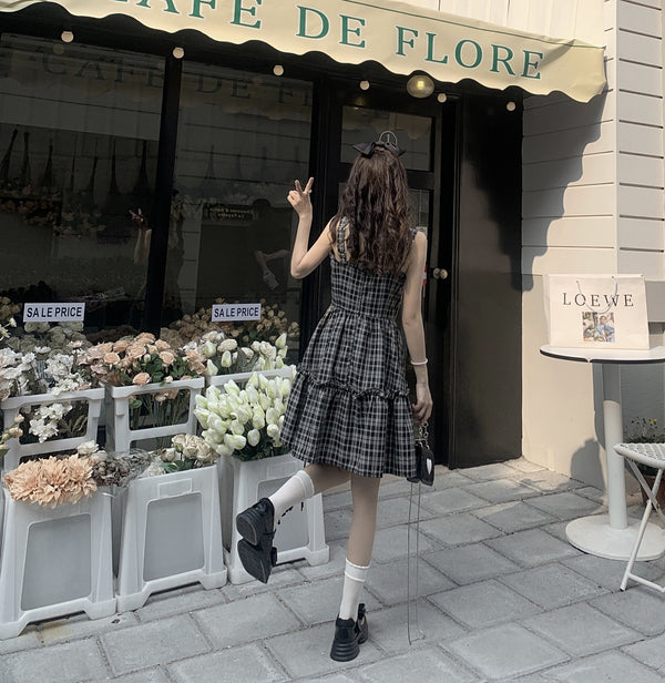 vintage plaid suspender skirt  KF83330