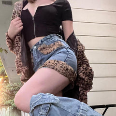 Denim leopard print velvet skirt KF81716
