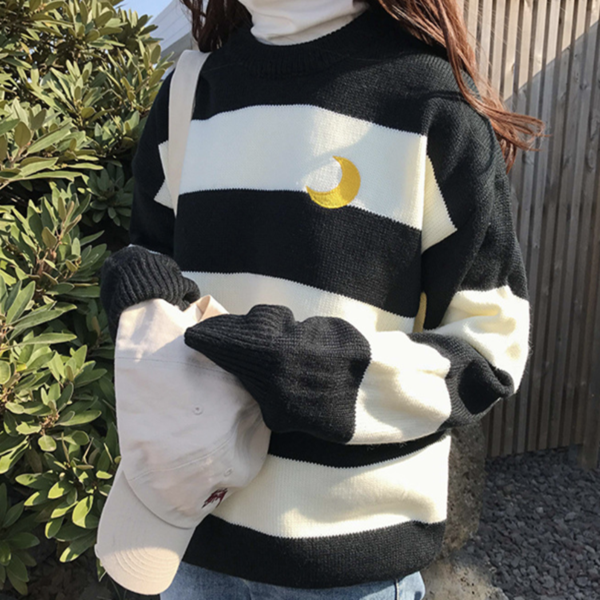 Stripe Crescent Moon Knit Sweater KF30149