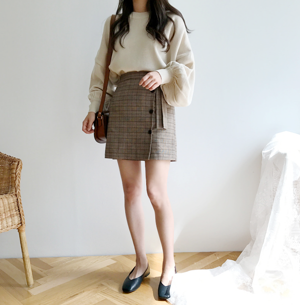 Plaid Button Tie Up Skirt KF40056