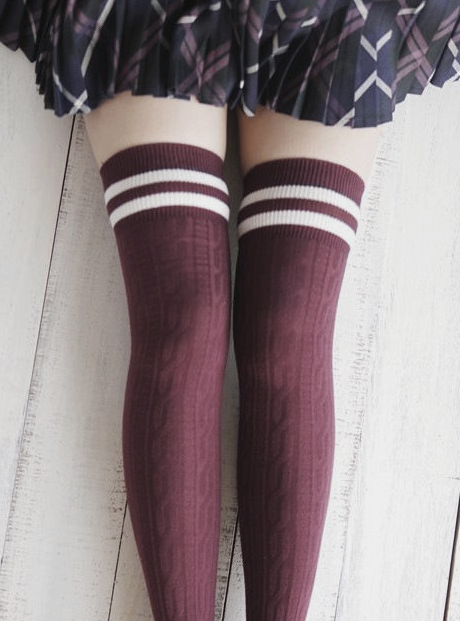Striped Knit Thigh High Socks KF2076