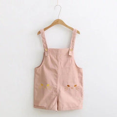 White/Pink/Blue Kawaii Cat Embroidery Suspender Shorts  KF2036